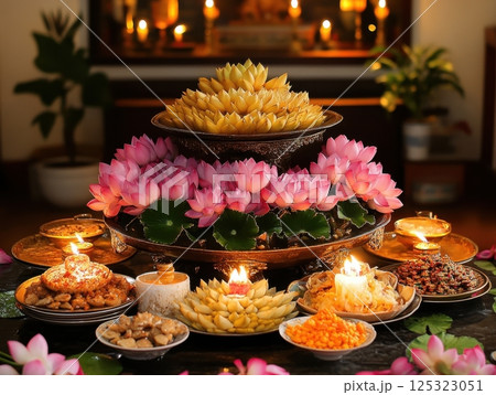 Traditional Vesak Day dishes arranged on a table decorated with lotus flowers and candles, creating a serene and festive atmosphere Traditional Vesak Day dishes arranged on a table decorated with lotus flowers and candles, creating a serene and festive atmosphere 125323051
