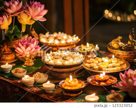 Traditional Vesak Day dishes arranged on a table decorated with lotus flowers and candles, creating a serene and festive atmosphere Traditional Vesak Day dishes arranged on a table decorated with lotus flowers and candles, creating a serene and festive atmosphere 125323052