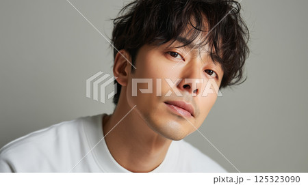 清潔感あふれる白Tシャツの30代男性モデルの魅力的な表情 | グレー背景 清潔感あふれる白Tシャツの30代男性モデルの魅力的な表情 | グレー背景 125323090
