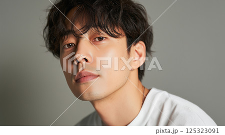 清潔感あふれる白Tシャツの30代男性モデルの魅力的な表情 | グレー背景 125323091
