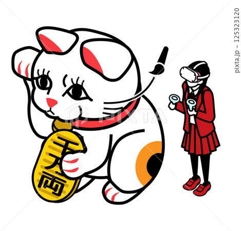 VRヘッドセットを装着して招き猫のヒゲを描く女子生徒　アイソメトリック 125323120