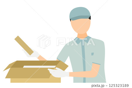 帽子をかぶった作業員の男性が段ボールに荷物を入れるシンプルなイラスト 125323189