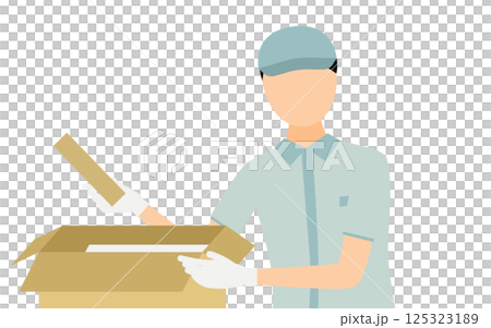 帽子をかぶった作業員の男性が段ボールに荷物を入れるシンプルなイラスト 125323189