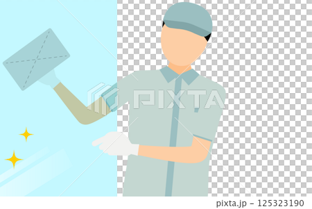 一位戴著帽子清潔窗戶的男工人的簡單插圖 一位戴著帽子清潔窗戶的男工人的簡單插圖 125323190