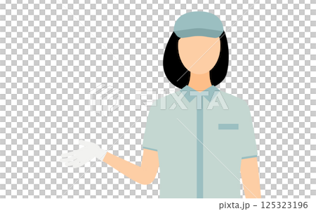 帽子をかぶった作業員の女性が身振りを交えて話すシンプルなイラスト 125323196