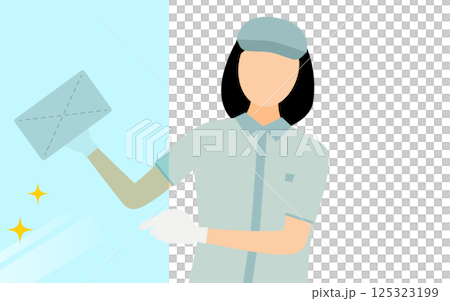 A simple illustration of a woman wearing a hat cleaning windows 125323199