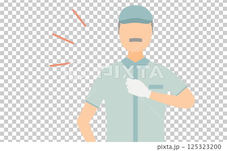 A simple illustration of a senior male worker wearing a hat hitting his chest 125323200
