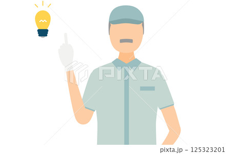帽子をかぶった作業員のシニア男性がポイントを教えるシンプルなイラスト 125323201