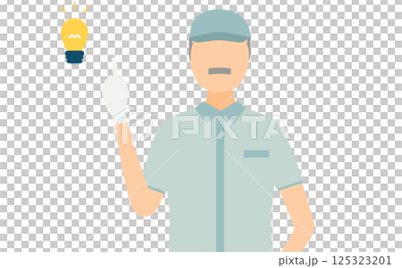 帽子をかぶった作業員のシニア男性がポイントを教えるシンプルなイラスト 125323201