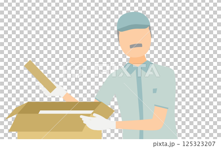戴著帽子的高級男工人將行李放入紙箱的簡單圖示 125323207