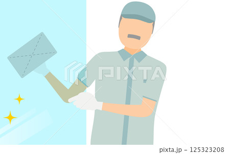 帽子をかぶった作業員のシニア男性が窓拭き掃除をするシンプルなイラスト 帽子をかぶった作業員のシニア男性が窓拭き掃除をするシンプルなイラスト 125323208