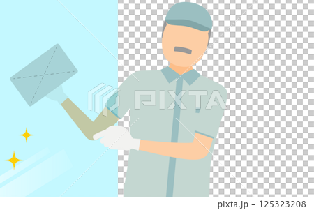 一位戴著帽子清潔窗戶的老年男性工人的簡單插圖 125323208