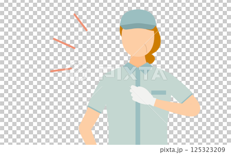 A simple illustration of a senior woman worker wearing a hat hitting her chest A simple illustration of a senior woman worker wearing a hat hitting her chest 125323209