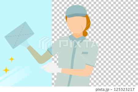 帽子をかぶった作業員のシニア女性が窓拭き掃除をするシンプルなイラスト 125323217