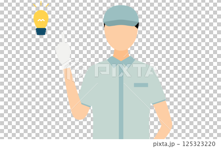 帽子をかぶった作業員の男性がポイントを教えるシンプルなイラスト 125323220