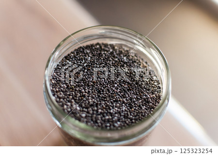 Chia seeds in a kitchen, superfood, full of antioxidant and omega 3, good for transit, sleep, bones, heart 125323254