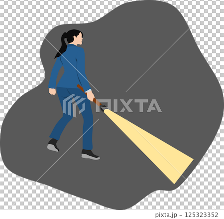 Illustration of a businesswoman turning on a flashlight Illustration of a businesswoman turning on a flashlight 125323352