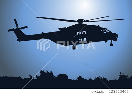 Silhouette of a combat helicopter, side view, nh 90 in french army, vector drawing can be used for web, sticker, patch, logo, illustration and infographic 125323465