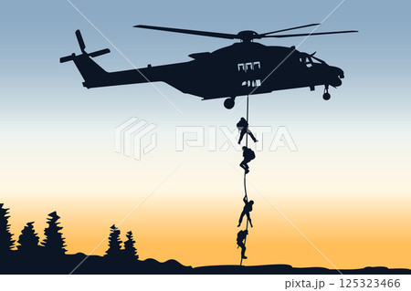 Silhouette of a combat helicopter with soldiers, side view, nh 90 in french army, vector drawing can be used for web, sticker, patch, logo, illustration and infographic Silhouette of a combat helicopter with soldiers, side view, nh 90 in french army, vector drawing can be used for web, sticker, patch, logo, illustration and infographic 125323466