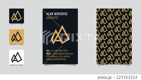 a and m letter monogram logo with vertical business card template. Architect, construction, builder, consulting, designer, gold, modern logo and banner 125323522