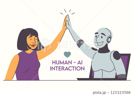 Woman and robot giving high five each other 125323566