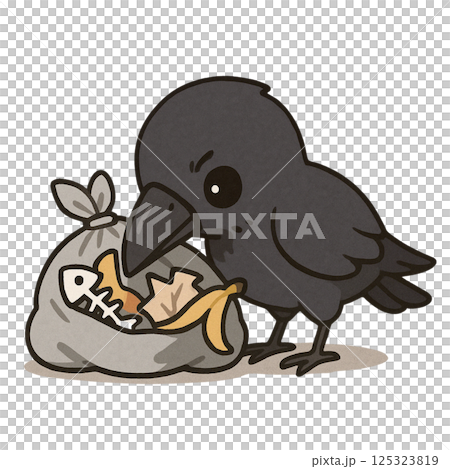 デフォルメタッチ、ゴミを漁っているカラスのイラスト、アイコン、素材、背景なし 125323819