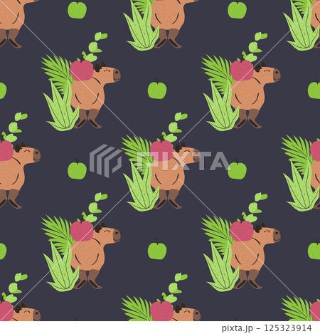 Seamless pattern with funny cartoon capybara and apples on black background. Cute South American animal repeat design for children Seamless pattern with funny cartoon capybara and apples on black background. Cute South American animal repeat design for children 125323914