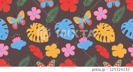 Tropical leaves and flowers seamless pattern. Hand drawn exotic plants. Tropical leaves and flowers seamless pattern. Hand drawn exotic plants. 125324132