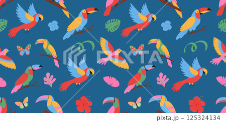 Tropical birds and flowers seamless pattern. Exotic flowers, leaves, parrot. 125324134