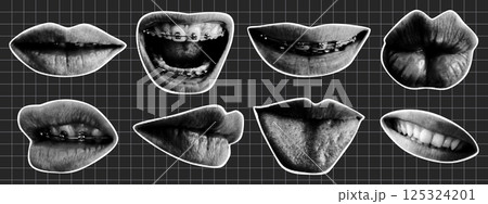 Mouth and lips with halftone effect. Y2K collage design. Retro vector illustration 125324201