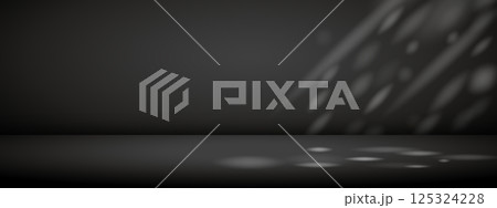 Dark studio room with sun rays. Limbo light background. Abstract 3d bg with empty space for advertising text. Vector mockup illustration. Dark studio room with sun rays. Limbo light background. Abstract 3d bg with empty space for advertising text. Vector mockup illustration. 125324228