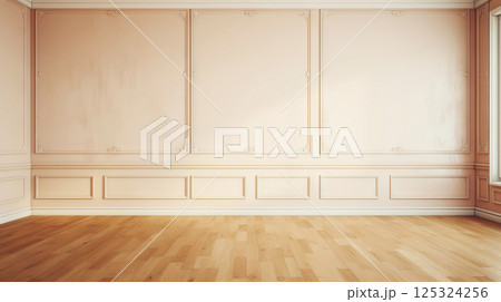 Beige wall empty apartment room with wooden floor. Copy space for product placement. Generative AI 125324256