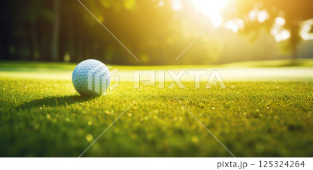 Close-up of golf ball on green grass of golf course, sunny day, blurred backdrop. Generative AI 125324264