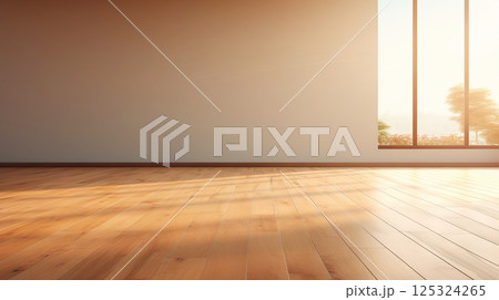 Beige wall empty apartment room with wooden floor. Copy space for product placement. Generative AI 125324265