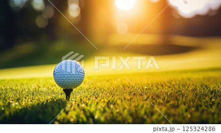 Close-up of golf ball on green grass of golf course, sunny day, blurred backdrop. Generative AI 125324286