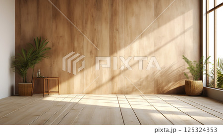 Empty room of modern contemporary loft with plants on wooden floor. Generative AI 125324353