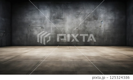 Empty room with concrete walls, dark interior with spotlights. Industrial copy space. Generative AI 125324386
