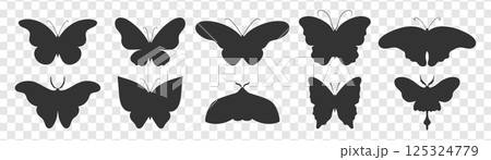 Collection of butterfly silhouettes. Butterfly, moth, monarch silhouettes. Vector illustration Collection of butterfly silhouettes. Butterfly, moth, monarch silhouettes. Vector illustration 125324779