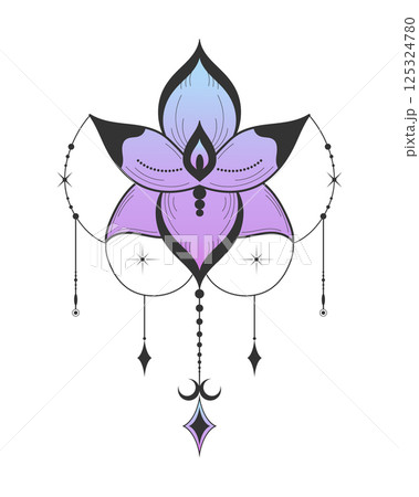 Esoteric lotus flower emblem decorated with celestial elements. Magical esoteric boho symbol. Vector illustration Esoteric lotus flower emblem decorated with celestial elements. Magical esoteric boho symbol. Vector illustration 125324780