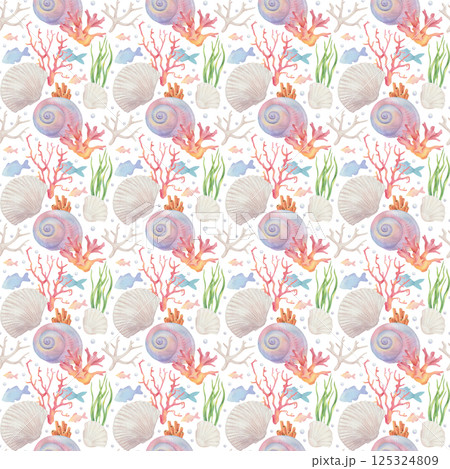 Cartoon seamless pattern of cute marine animals, sea life  Cartoon seamless pattern of cute marine animals, sea life  125324809