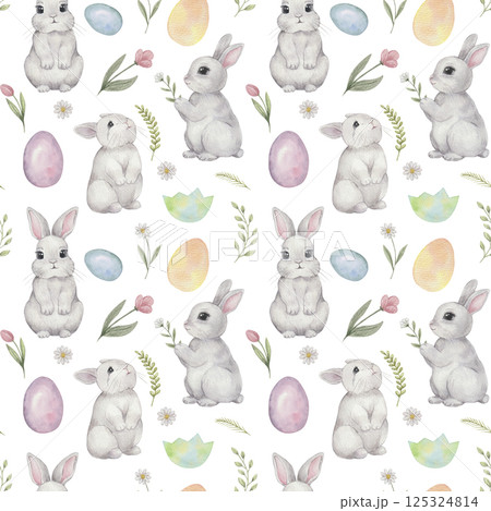 Watercolor Easter pattern with cute rabbit Watercolor Easter pattern with cute rabbit 125324814