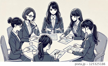 20代から30代の美しく上品な日本のOL4～5人が、丸いテーブルを囲んで座っているイラスト 125325186