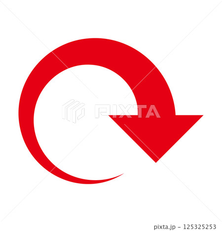 くるっとカーブしたシンプルな赤い矢印　白背景 125325253