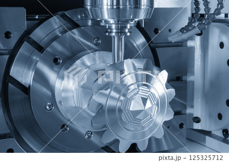 The 5-axis CNC milling machine finish cutting the gear parts in the light blue scene. The 5-axis CNC milling machine finish cutting the gear parts in the light blue scene. 125325712