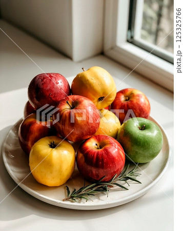 Red apples in drops of water on a white plate 125325766