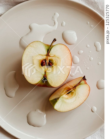 sliced green apple in drops of water on a white plate sliced green apple in drops of water on a white plate 125325770