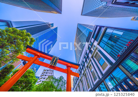 日本の東京都市景観 日本橋室町・ビルの谷間の福徳神社などを望む。(外国人観光客らで賑わう) 日本の東京都市景観 日本橋室町・ビルの谷間の福徳神社などを望む。(外国人観光客らで賑わう) 125325840