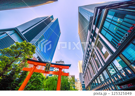 日本の東京都市景観 日本橋室町・ビルの谷間の福徳神社などを望む。（外国人観光客らで賑わう） 125325849