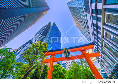 日本の東京都市景観 日本橋室町・ビルの谷間の福徳神社などを望む。（外国人観光客らで賑わう） 125325914