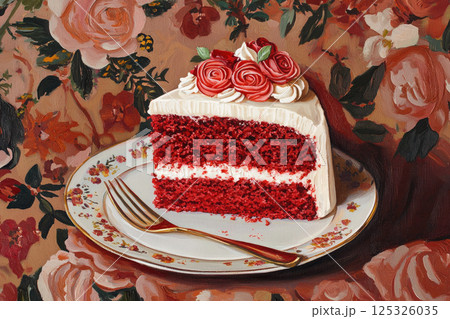 slice red velvet cake on floral background slice red velvet cake on floral background 125326035